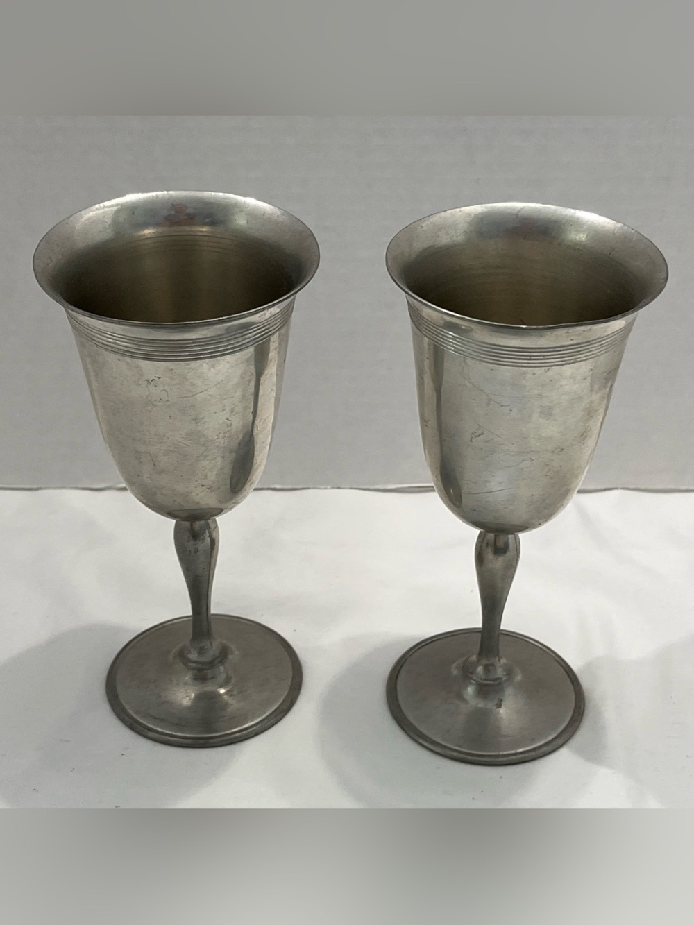 (2) Vintage Pewter Goblets Flare Rim Pedestal Stem Etched Rings at Top